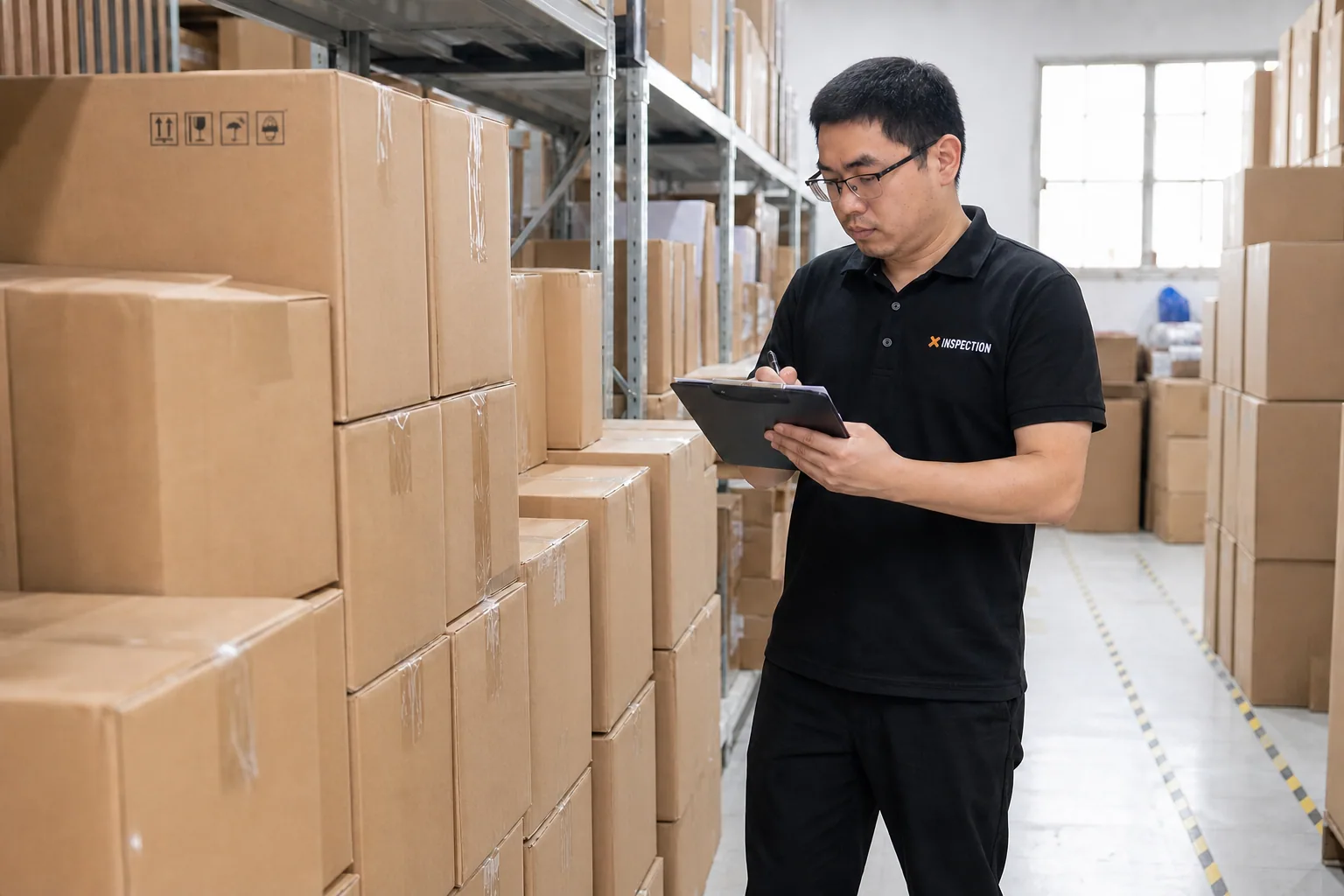 Illustrative X Inspection factory audit scene with an inspector recording carton observations